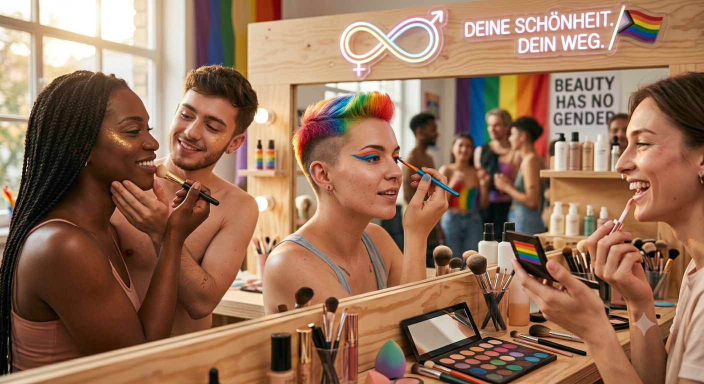 queere Menschen stylen sich selbstbewusst im Spiegel für den perfekten glow-optimist Look