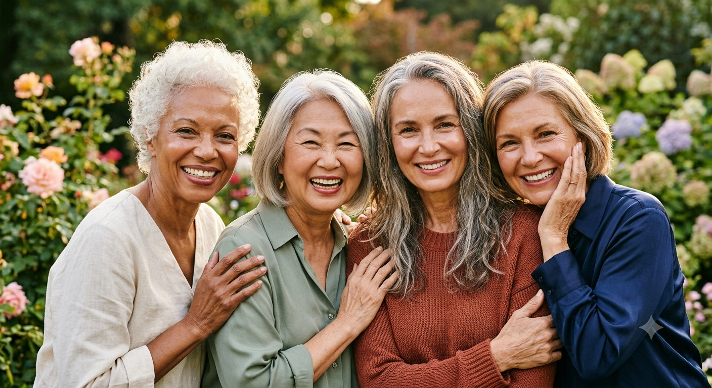 Vier Generationen von Frauen lachen gemeinsam bei glow-optimist